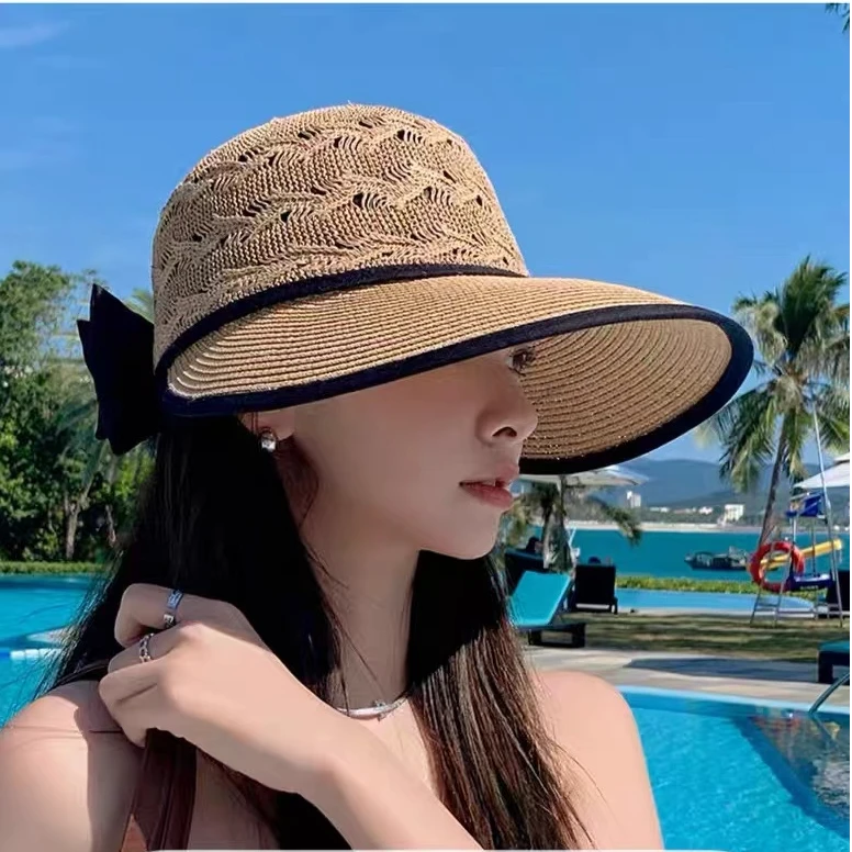 送防风绳美女草帽沙滩遮阳帽夏季镂空海边百搭草帽时尚帽子渔夫帽