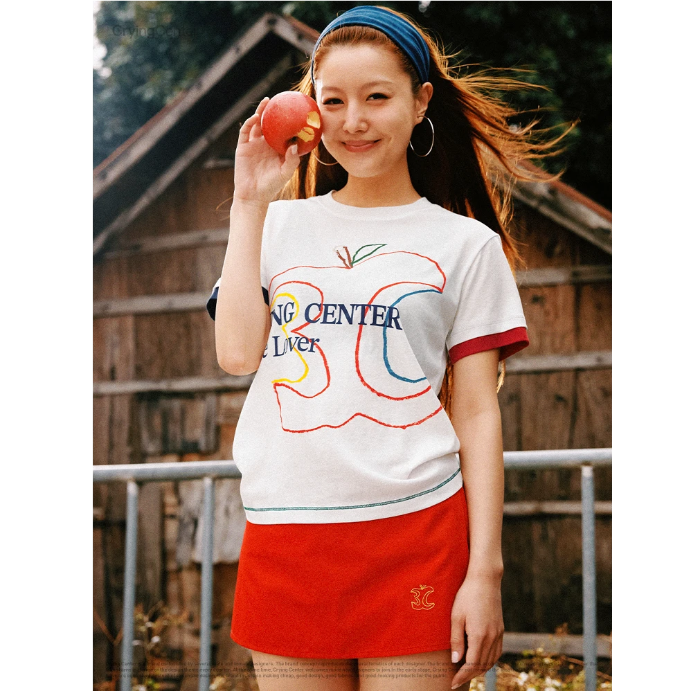 Crying center/哭喊中心微透轻薄竹节棉正肩线条3C苹果印花Tee