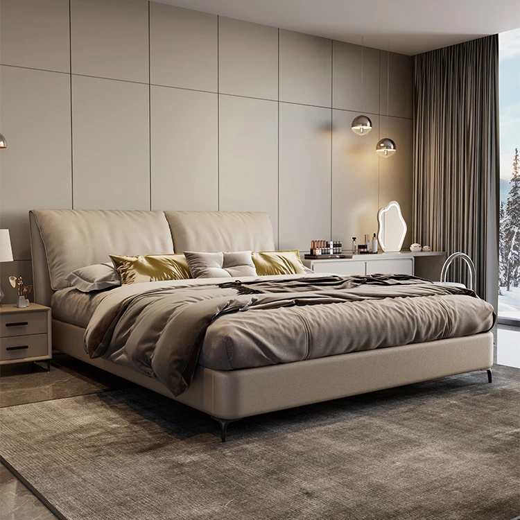 【佺美甄选】大象耳朵现代床主卧高端大气床头层牛皮婚床松弛感软床