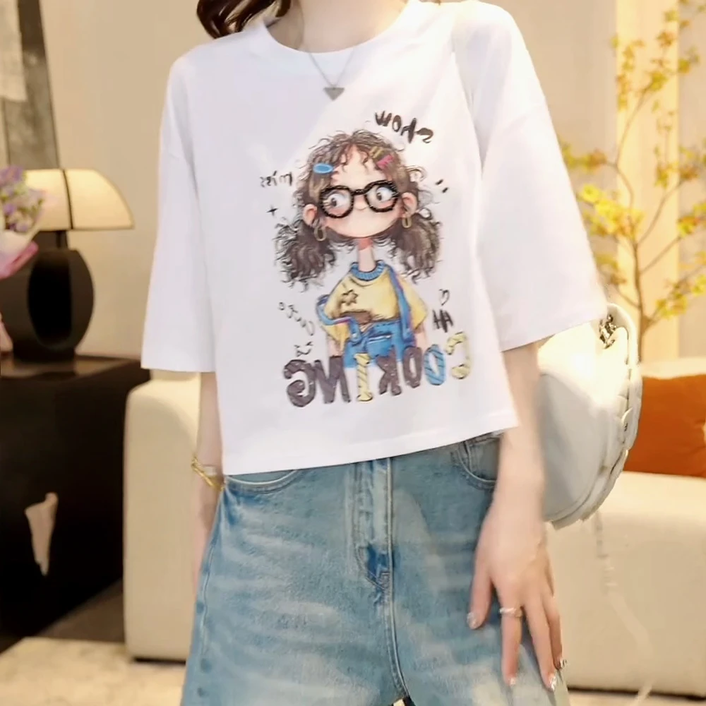 『呆萌女孩』2025夏季圆领洋气百搭眼镜女孩短袖T恤女宽松