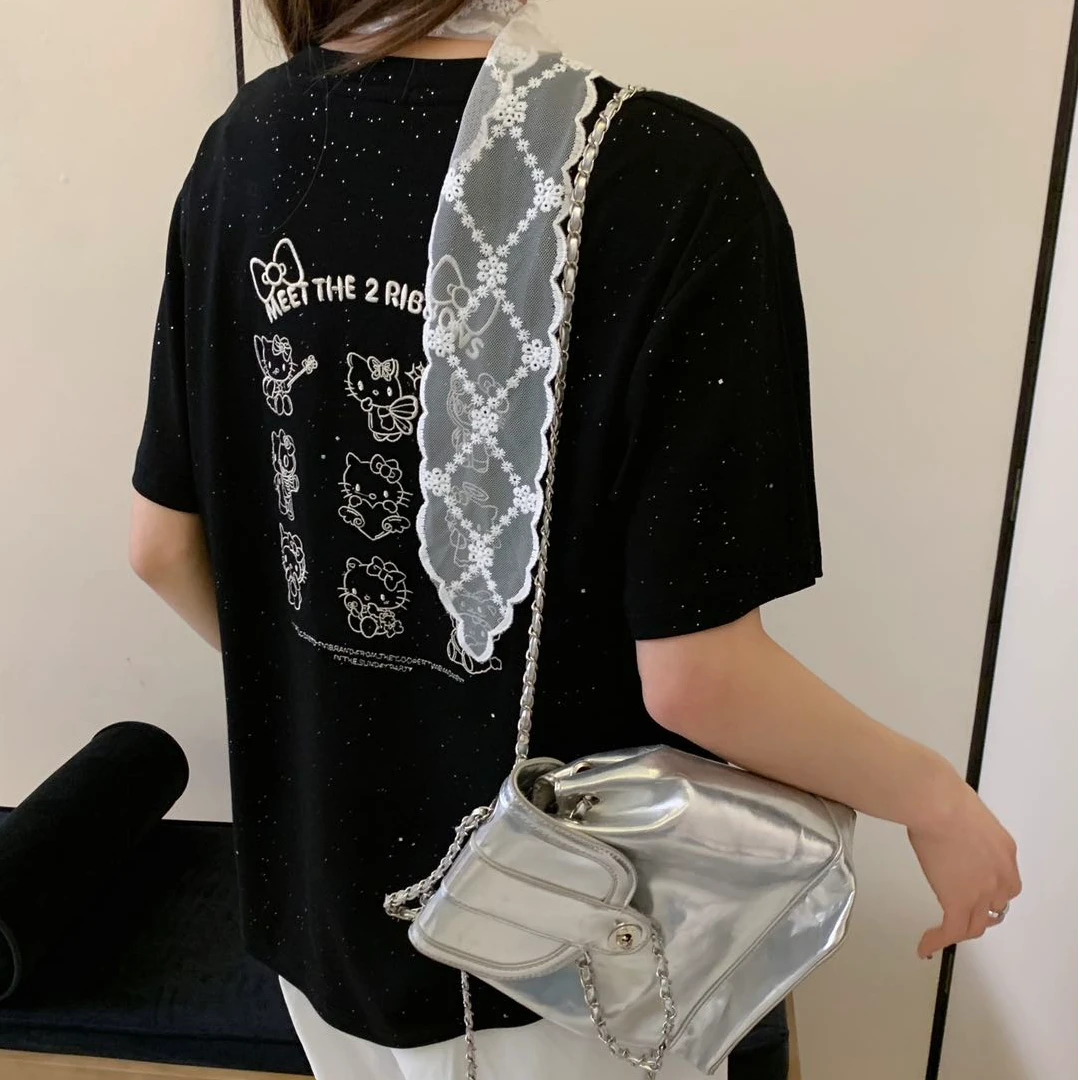 夏季上新简约Kitty撒银t恤网红白色时尚百搭黑色重工刺绣韩版气质