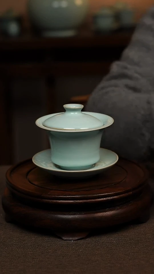 瓷片天青色全手工三才马蹄盖碗130ml微瑕不带礼盒