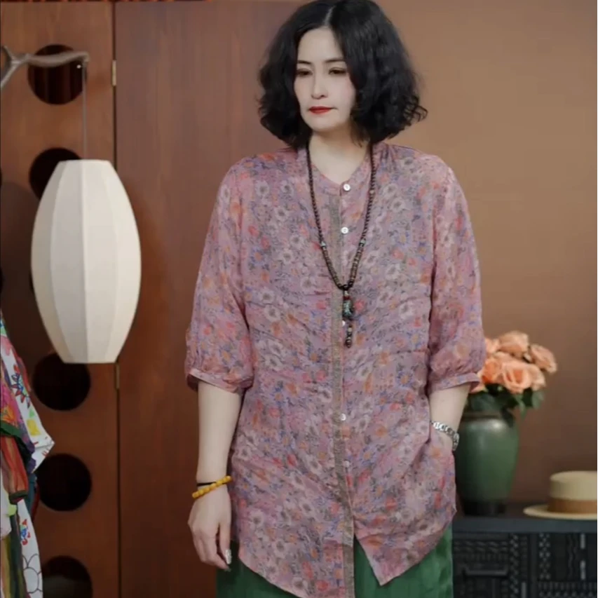 （星彩花花）轻薄苎麻单排扣复古文艺衬衫女装
