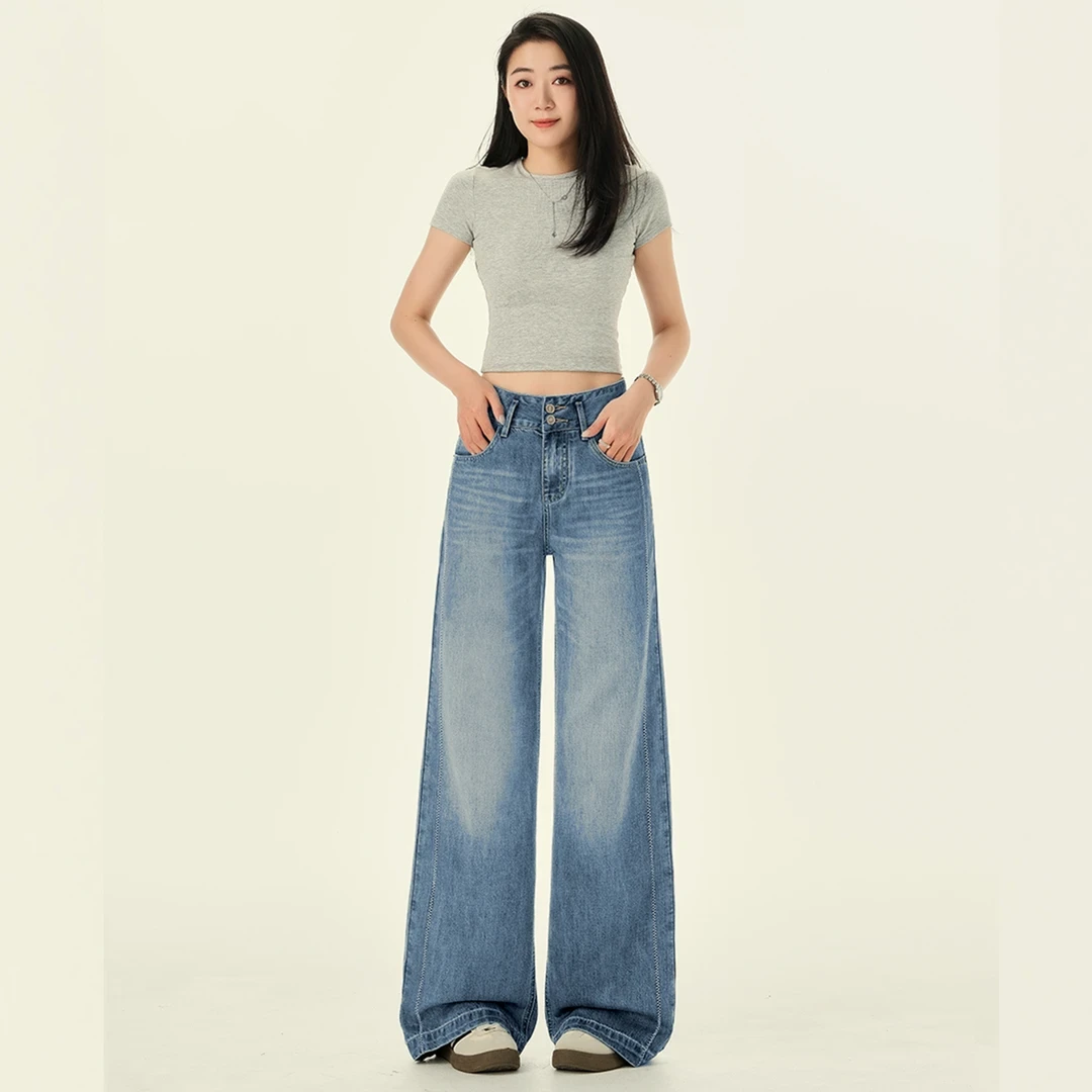 冰川蓝A版阔腿牛仔裤女2025秋季新款高腰显瘦垂感春秋宽松直筒裤