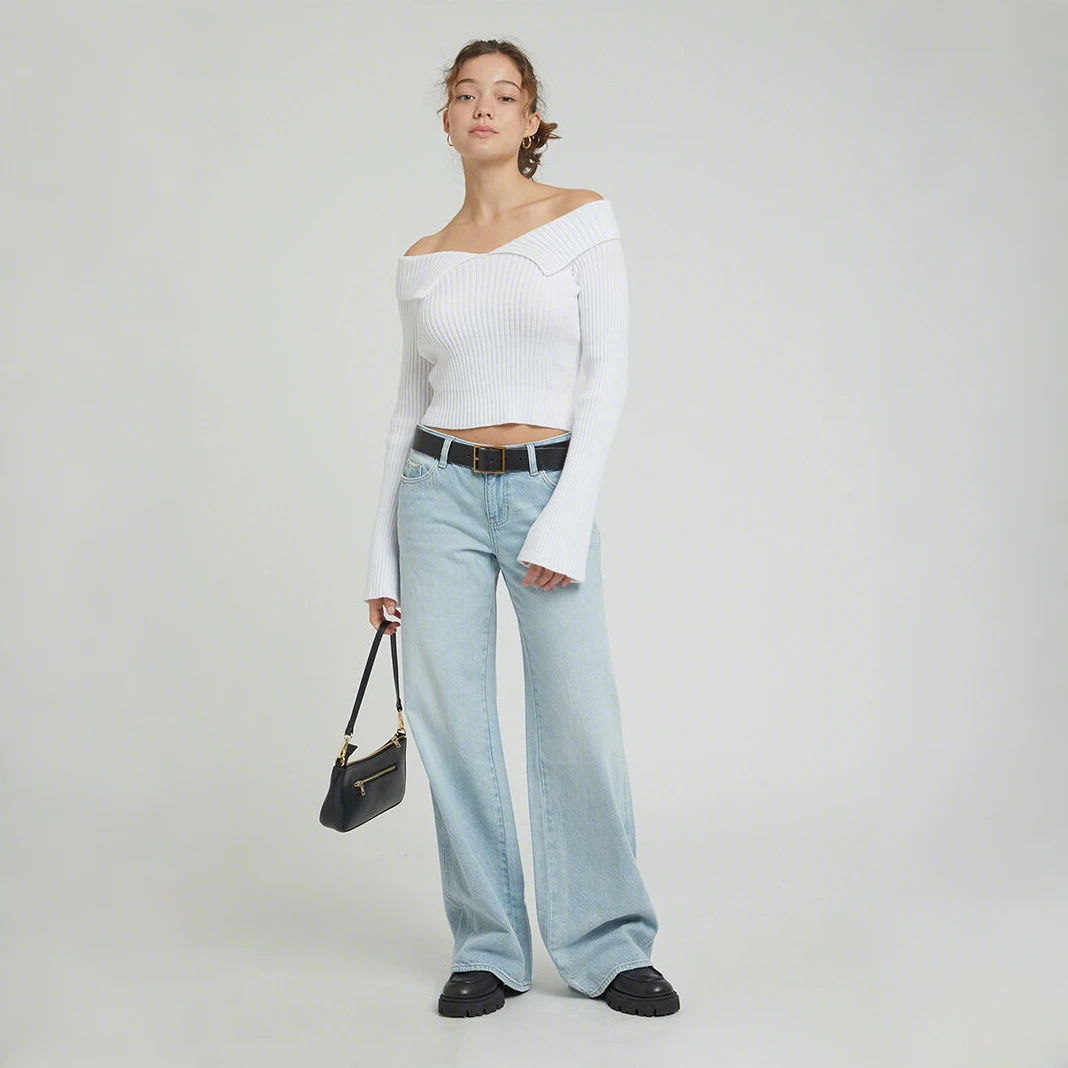 PACSUN2025新款复古美式浅蓝色牛仔裤高腰修身显瘦纯棉宽松长裤