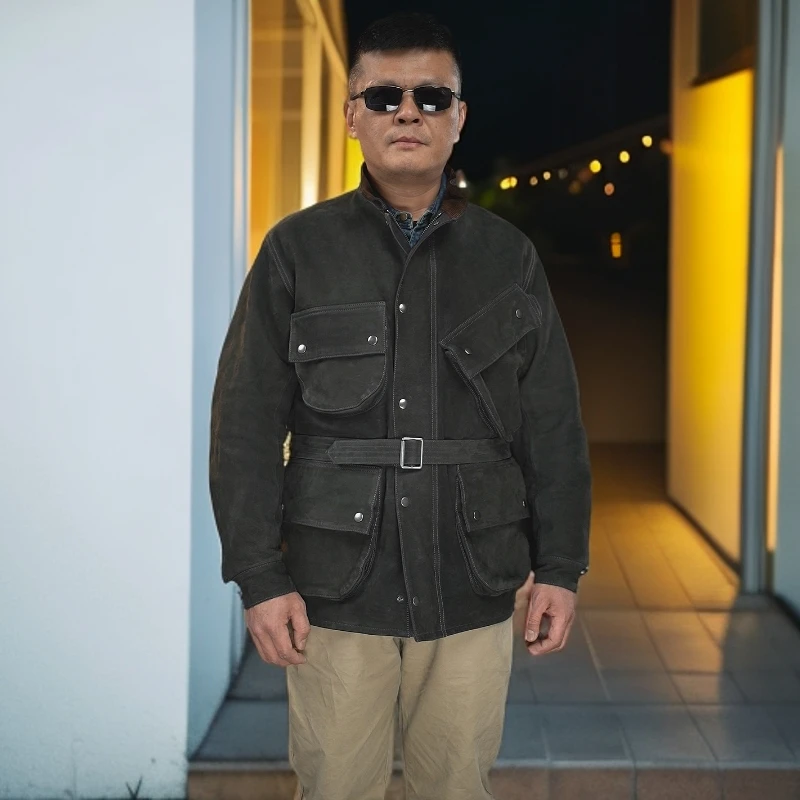 美式复古休闲百搭做旧四兜潮流风衣款磨砂立领山羊皮皮衣男款