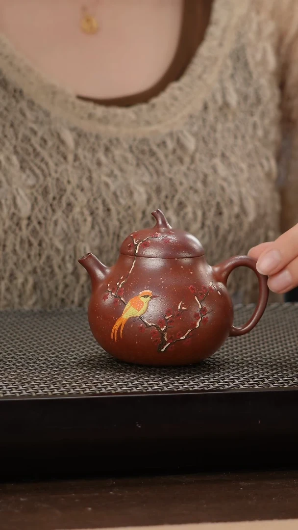 茶壶紫砂高温段泥火云烧雀上枝头泥绘茄瓜160cc