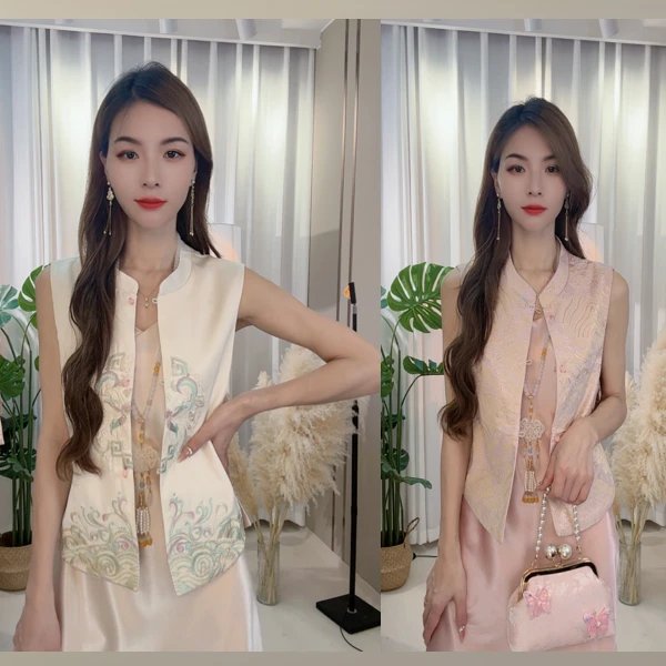 【白月光】双面双穿春季国风上衣马甲新中式立领提花马夹外套女装