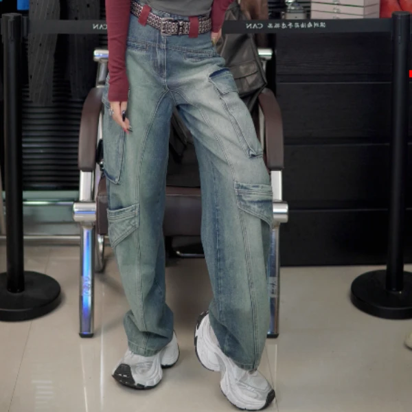 美式复古牛仔裤女2025潮流口袋宽松阔腿直筒裤子-3031