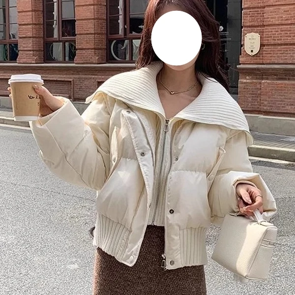 欧洲站白色针织拼接大翻领棉服女冬季2025新款假两件短款保暖外套