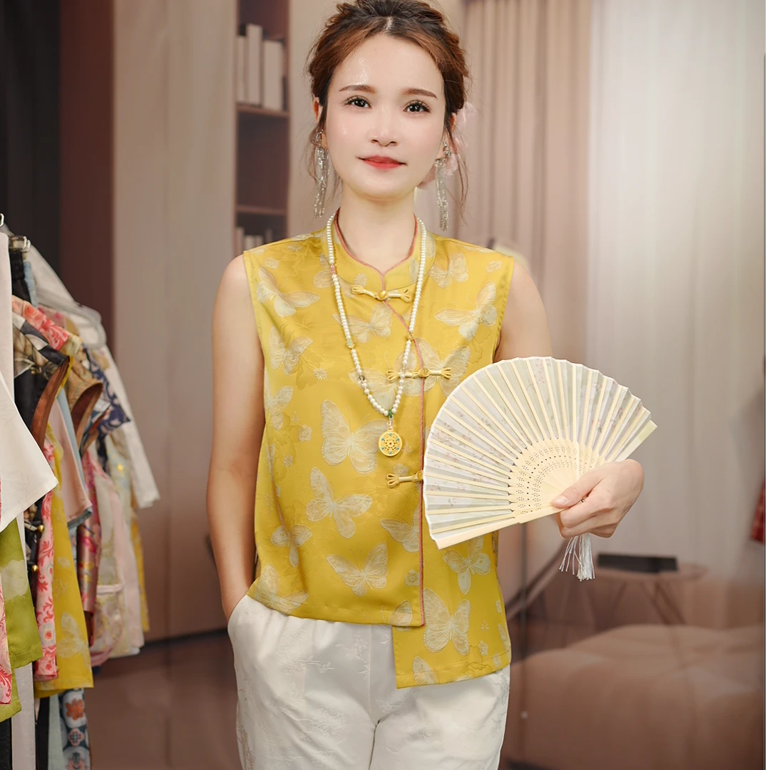 夏季新中式立领斜襟马甲女中年妈妈装洋气减龄显瘦薄款马夹开衫