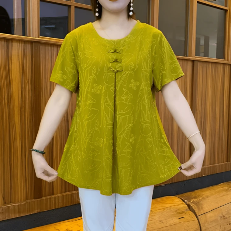 休闲宽松遮肚妈妈装夏季显瘦纯色短袖T恤中老年女装中长款大码衫