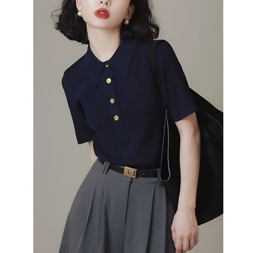 法式高级感正肩藏青色Polo领针织短袖T恤女老钱风松弛感女装