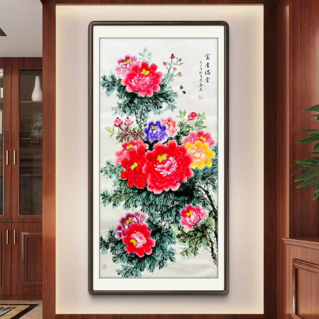 宣纸国画牡丹竖屏适合玄关过道欣赏送人装饰挂画手绘书画直播间