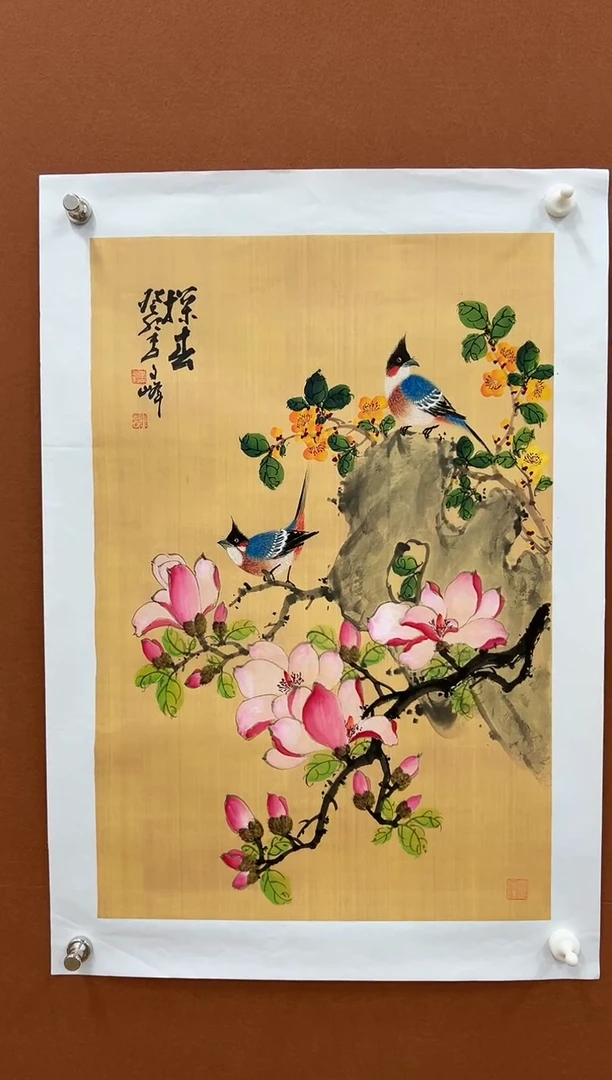 国画李文峰四尺三开工笔花鸟