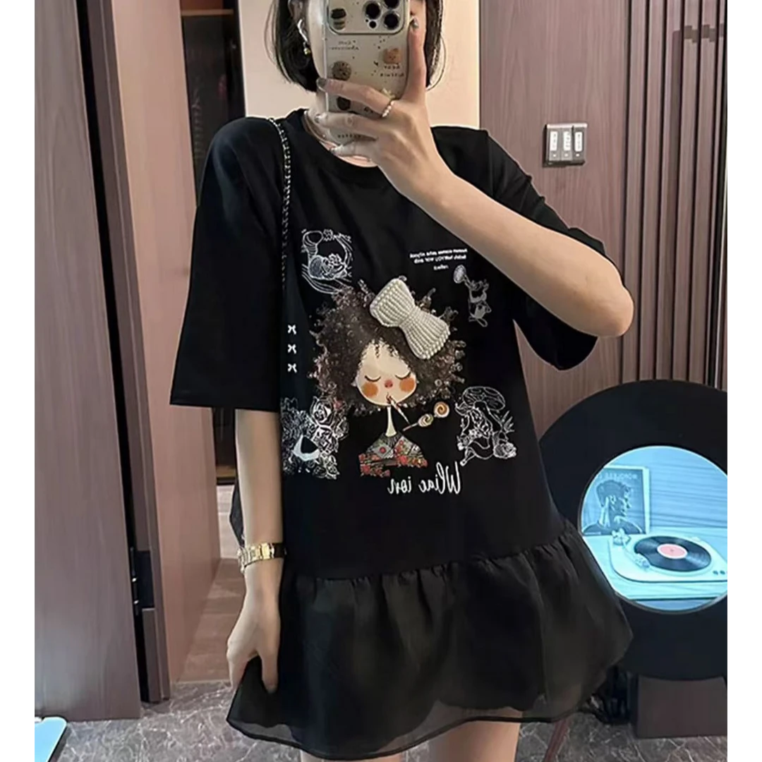 美式卡通印花减龄短袖t恤女夏2025新款爆款拼接休闲气质上衣12266