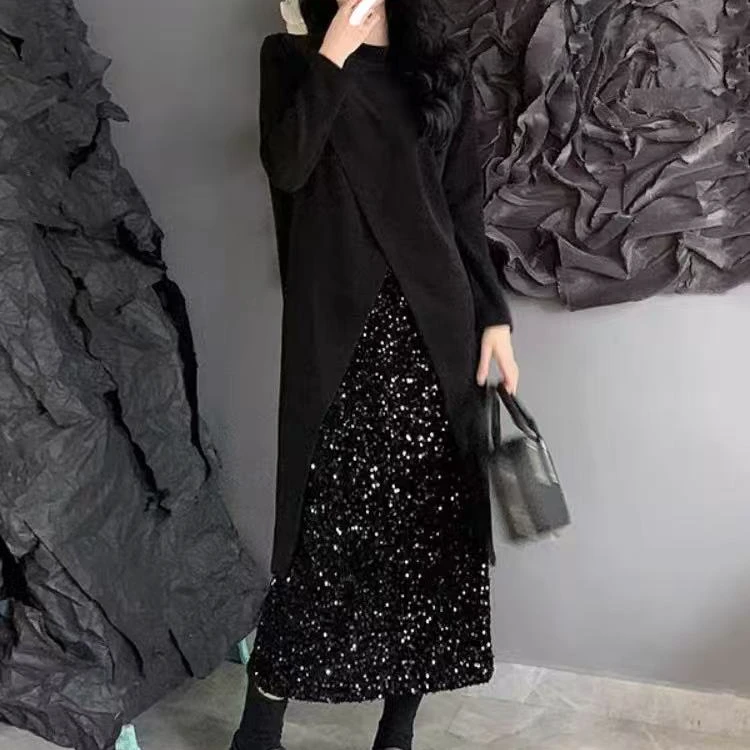 大码气质高级感前开叉中长款上衣高腰亮片半身裙显瘦套装