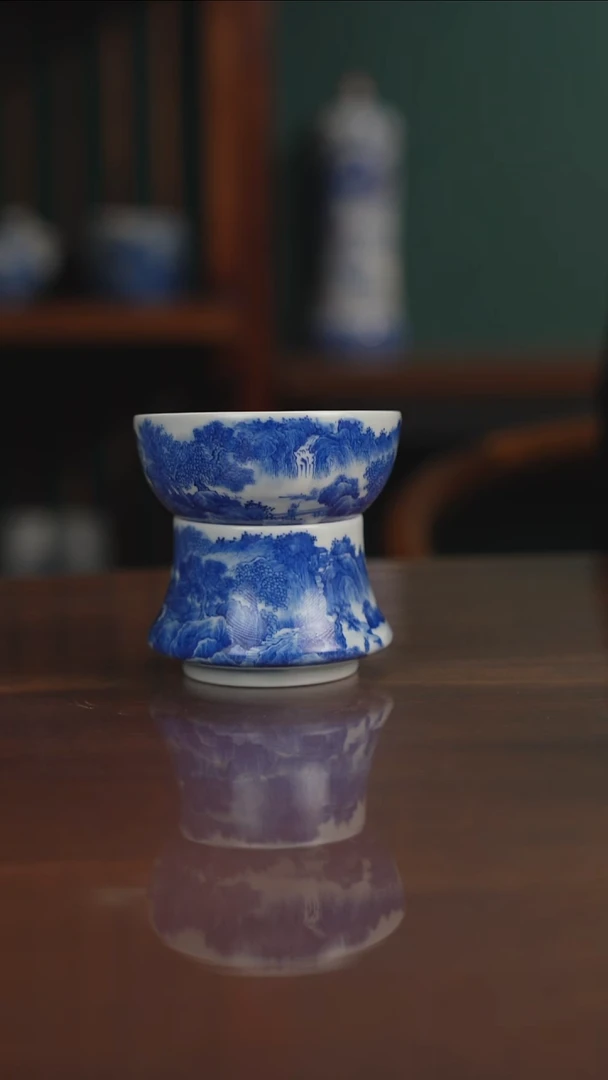晓月窑青花山水茶漏