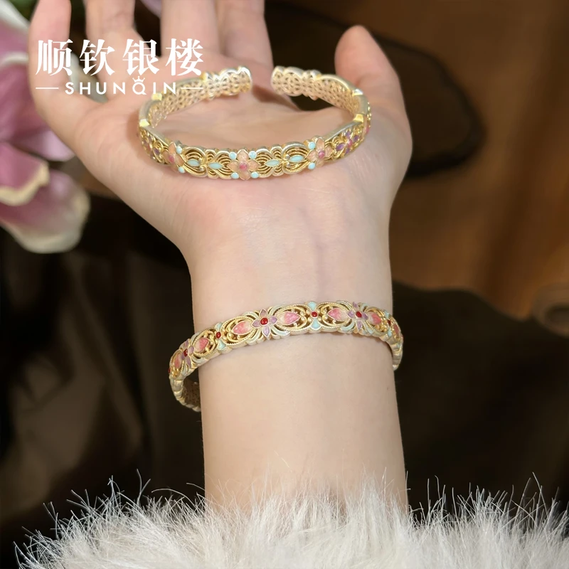 顺钦银楼 足银手镯 【春日绯手镯】足银999.9国风彩色母亲节礼物