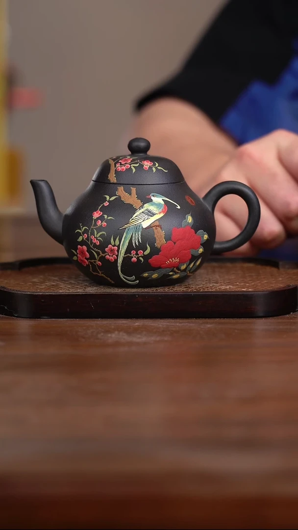 茶壶紫砂黑墩头泥绘花鸟壶