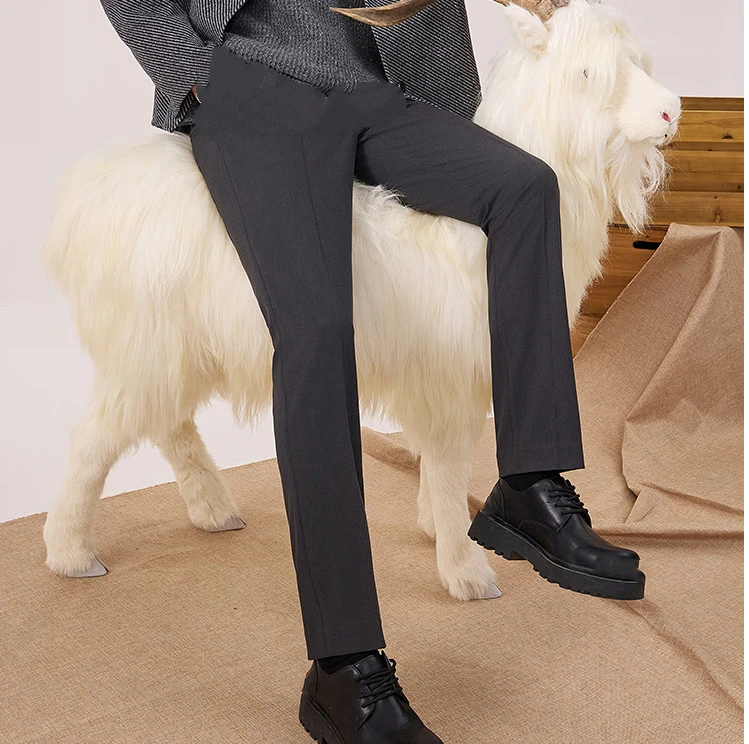 绵羊毛男士纯黑色秋季西裤海依柜剪标弹力挺括免烫厚款休闲裤