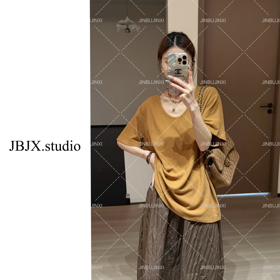 JBJX【软糯磨毛 大弹力慵懒短袖上衣】宽松T恤针织气质显瘦秋季