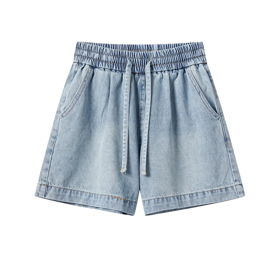 羊城故事-复古浅蓝色牛仔短裤女通勤百搭宽松直筒裤3690