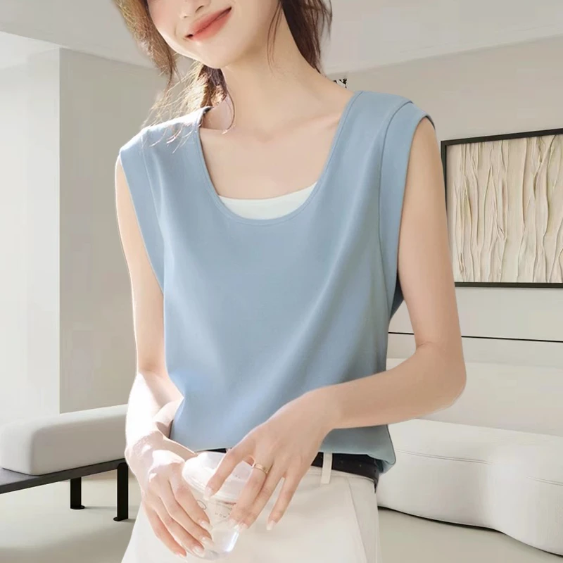 蓝色圆领无袖t恤女2025夏季新款修身显瘦时尚设计感拼接休闲上衣
