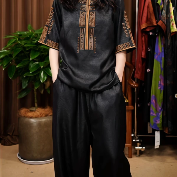 重工刺绣2025复古中式中国风提花短袖套装