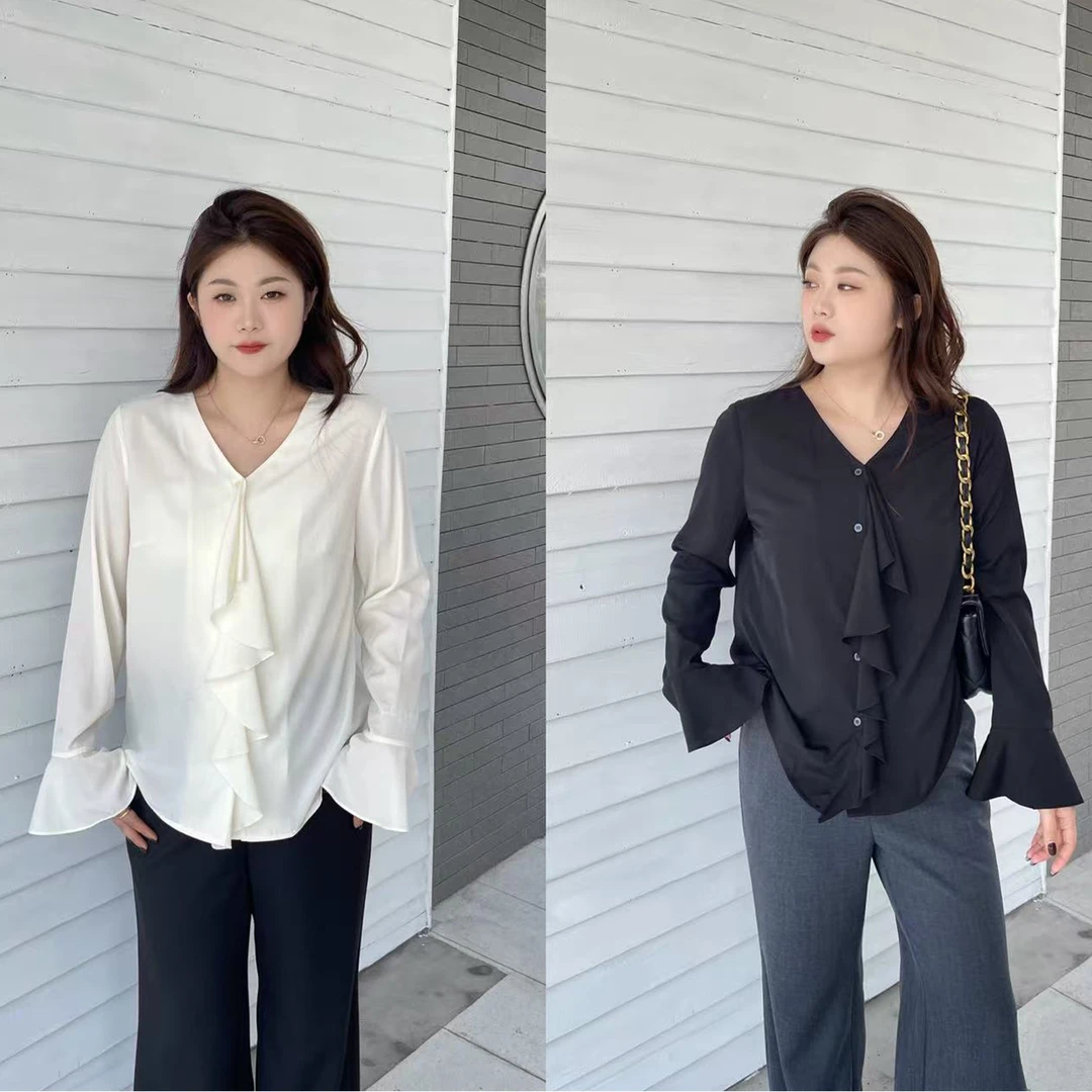 裂渡宣宣【南法浪花】微胖大码女秋气质百搭显瘦荷叶边衬衫ZY507V04