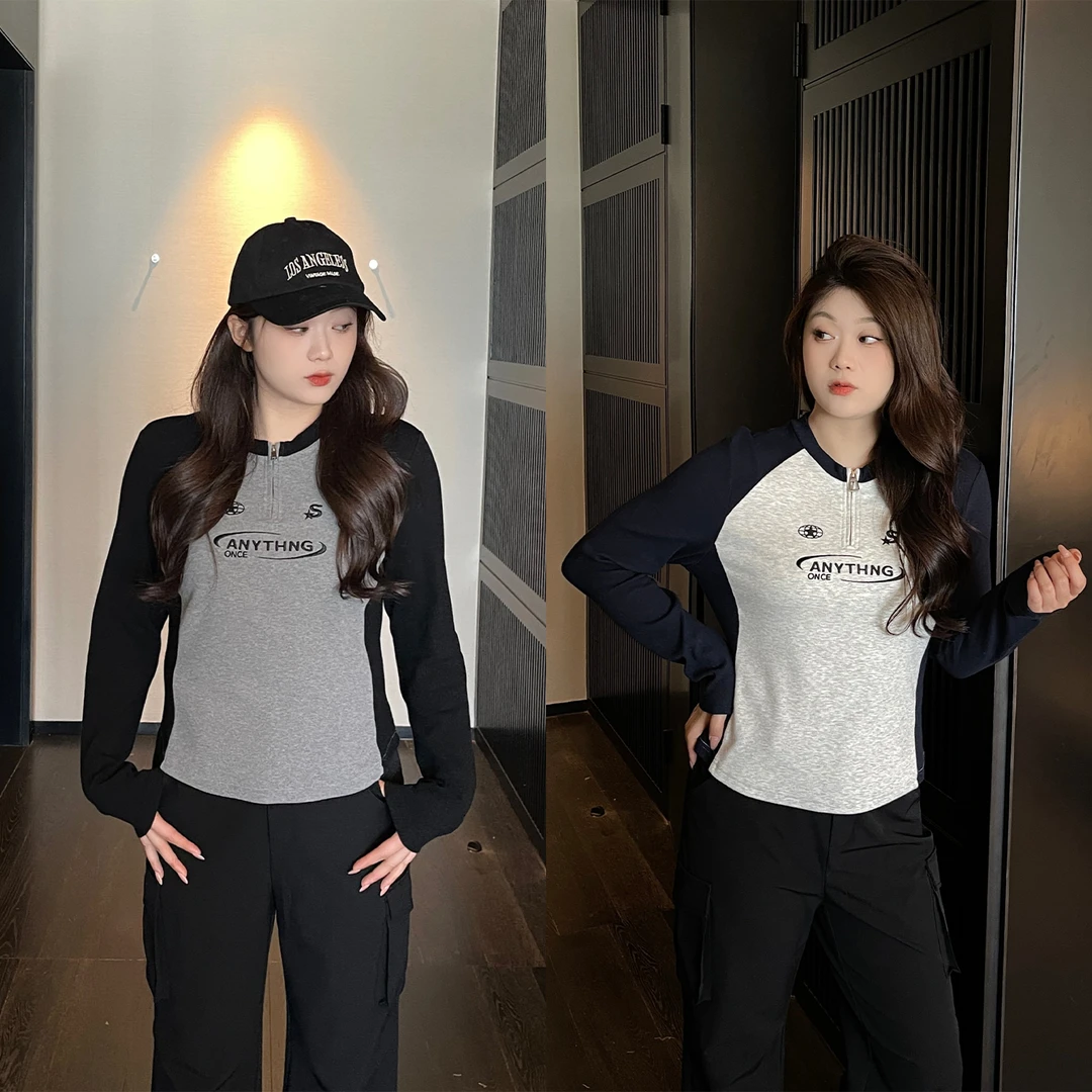 裂渡宣宣【甜心辣妹】微胖大码女秋时尚显瘦美式拼接上衣ZY507F85