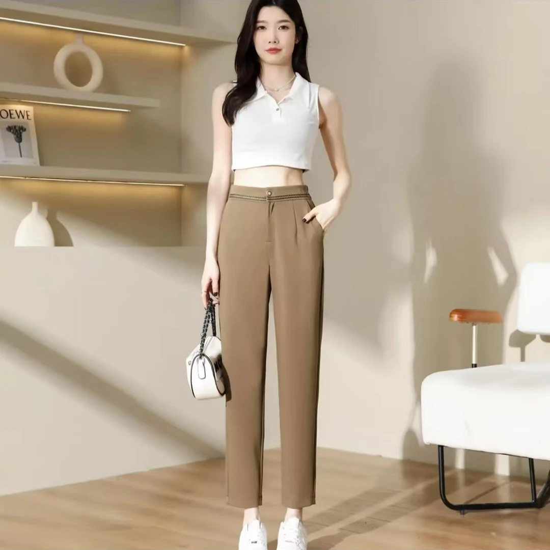 西装烟管裤女春夏休闲薄款显瘦百搭半松紧九分裤子2333#