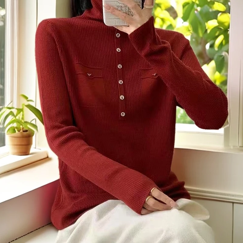 8630高级感纯色高领多扣软糯夹棉针织衫舒适百搭毛衣女上衣