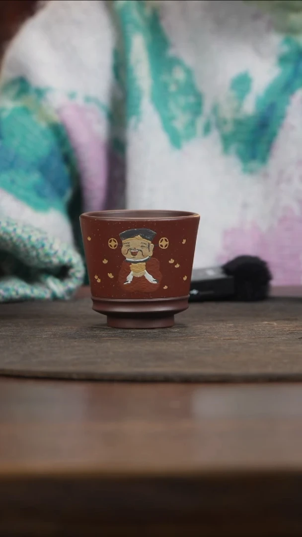 【闪购商品】紫砂茶叶罐海棠红泥绘财神主人杯