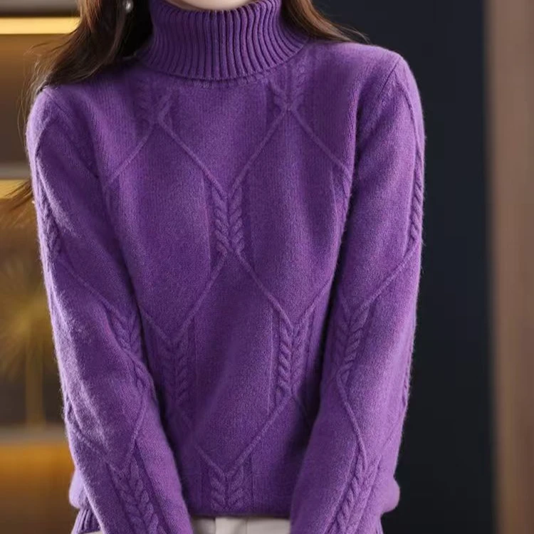 冬季新款女装双股加厚高翻领毛衣纯毛打底衫宽松显瘦扭花上衣