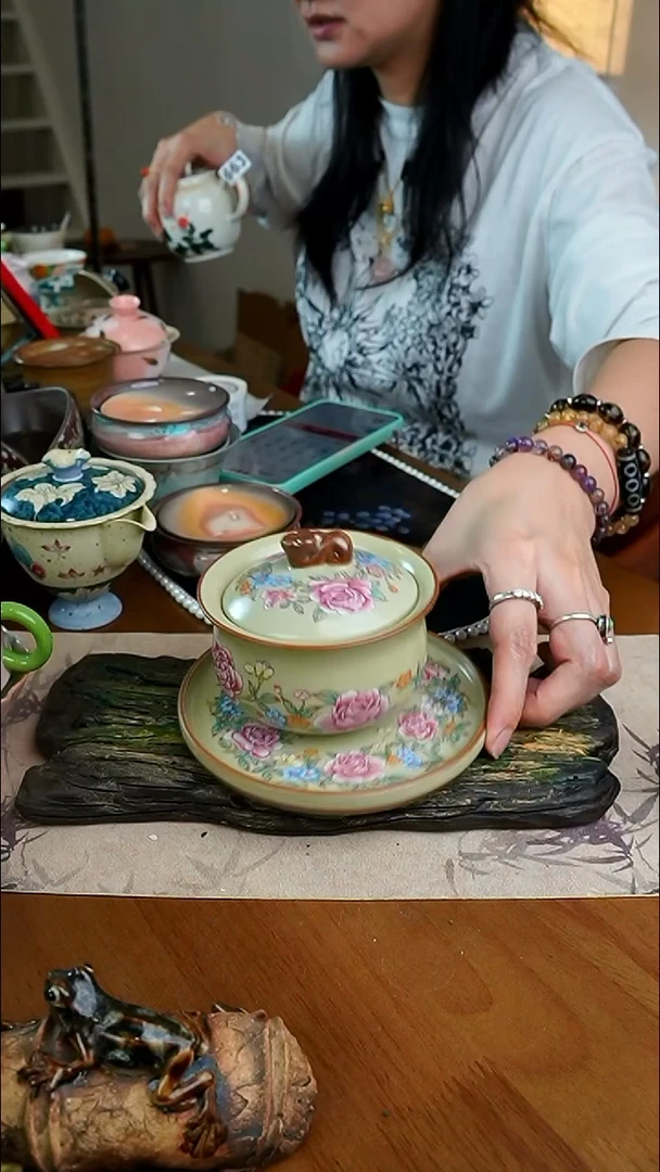 茶瓷物语牡丹花盖碗