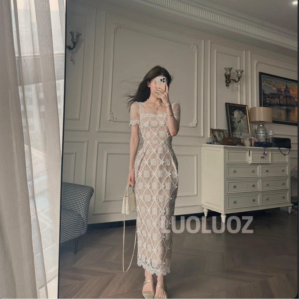 【现货】LUOLUOZ【心动至上】绝美网纱袖收腰女神范长款连衣裙JF832