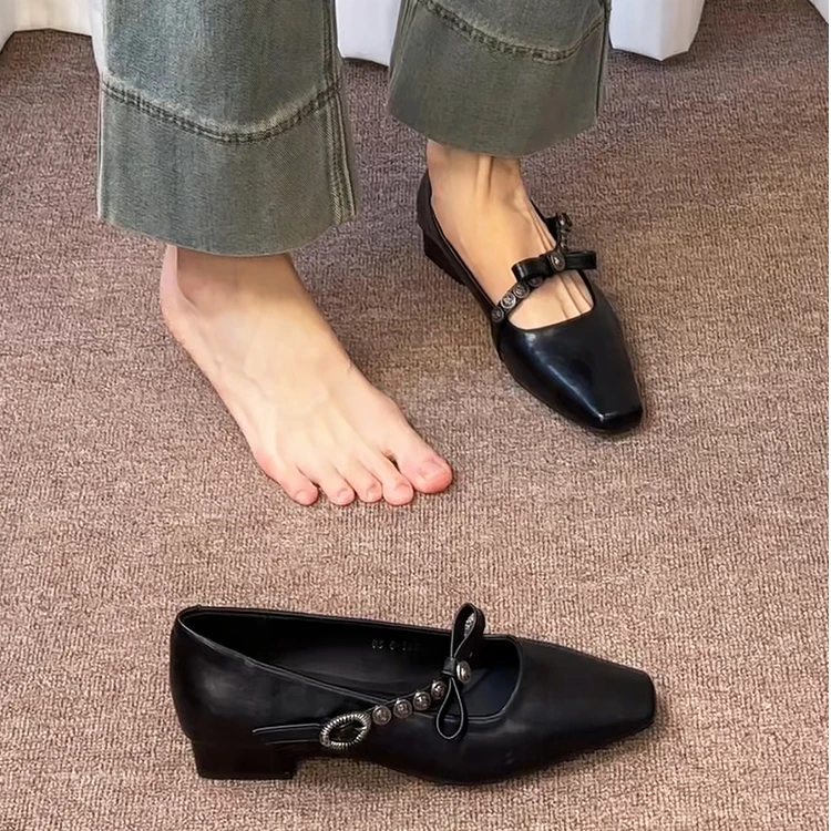 羊皮版~法式浅口玛丽珍鞋女2025新款低跟3cm单鞋蝴蝶结粗跟小皮鞋