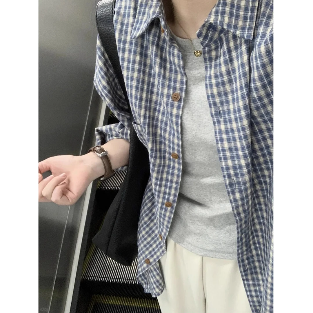 蓝色格子长袖衬衫女秋季宽松慵懒原宿风休闲百搭小众衬衣ins时尚