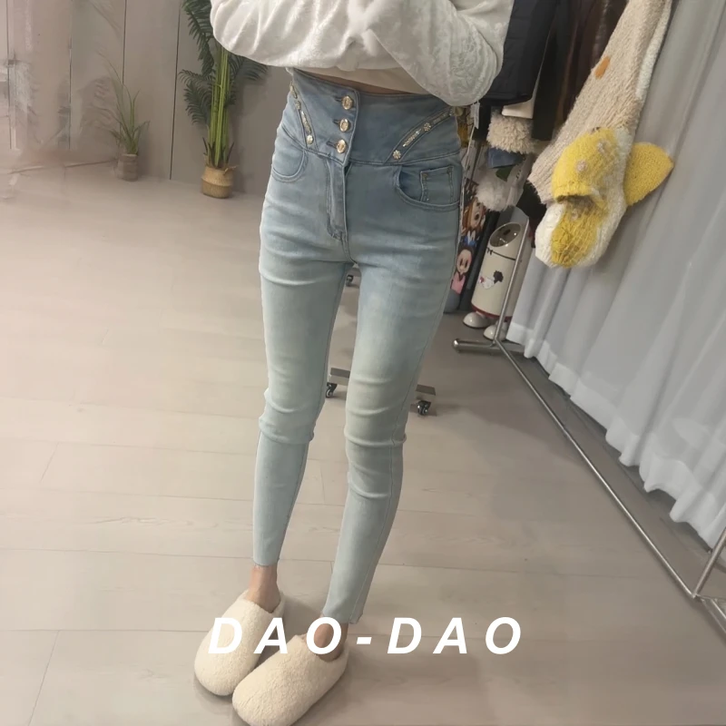 欧货重工烫钻小脚牛仔裤女秋冬新款高腰弹力加绒时尚百搭铅笔裤子