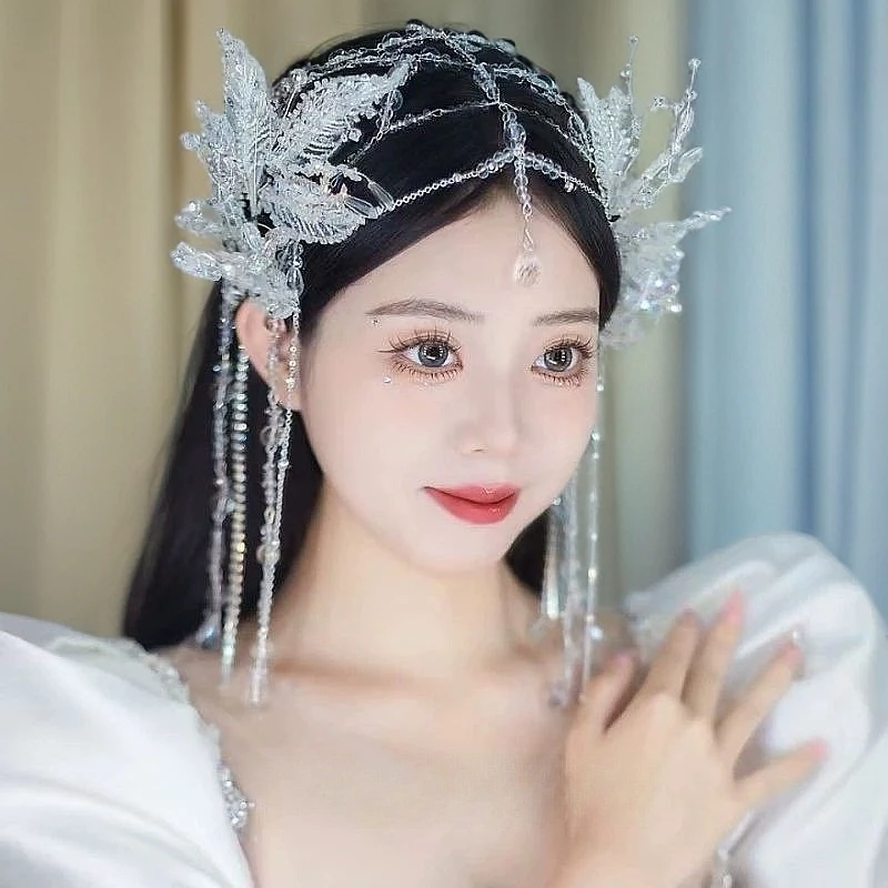 新娘婚纱异域发饰精灵人鱼妆树叶头饰水钻流苏额饰晨袍敬酒眉心坠