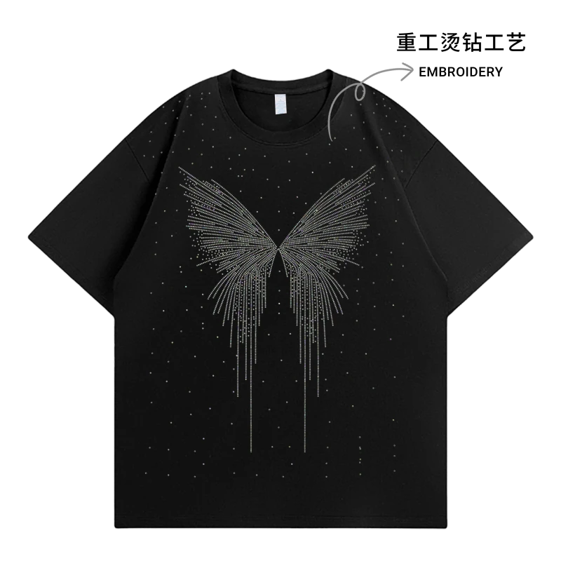 韩系蝴蝶烫钻设计黑色短袖T恤男女夏季新款宽松显瘦圆领情侣上衣