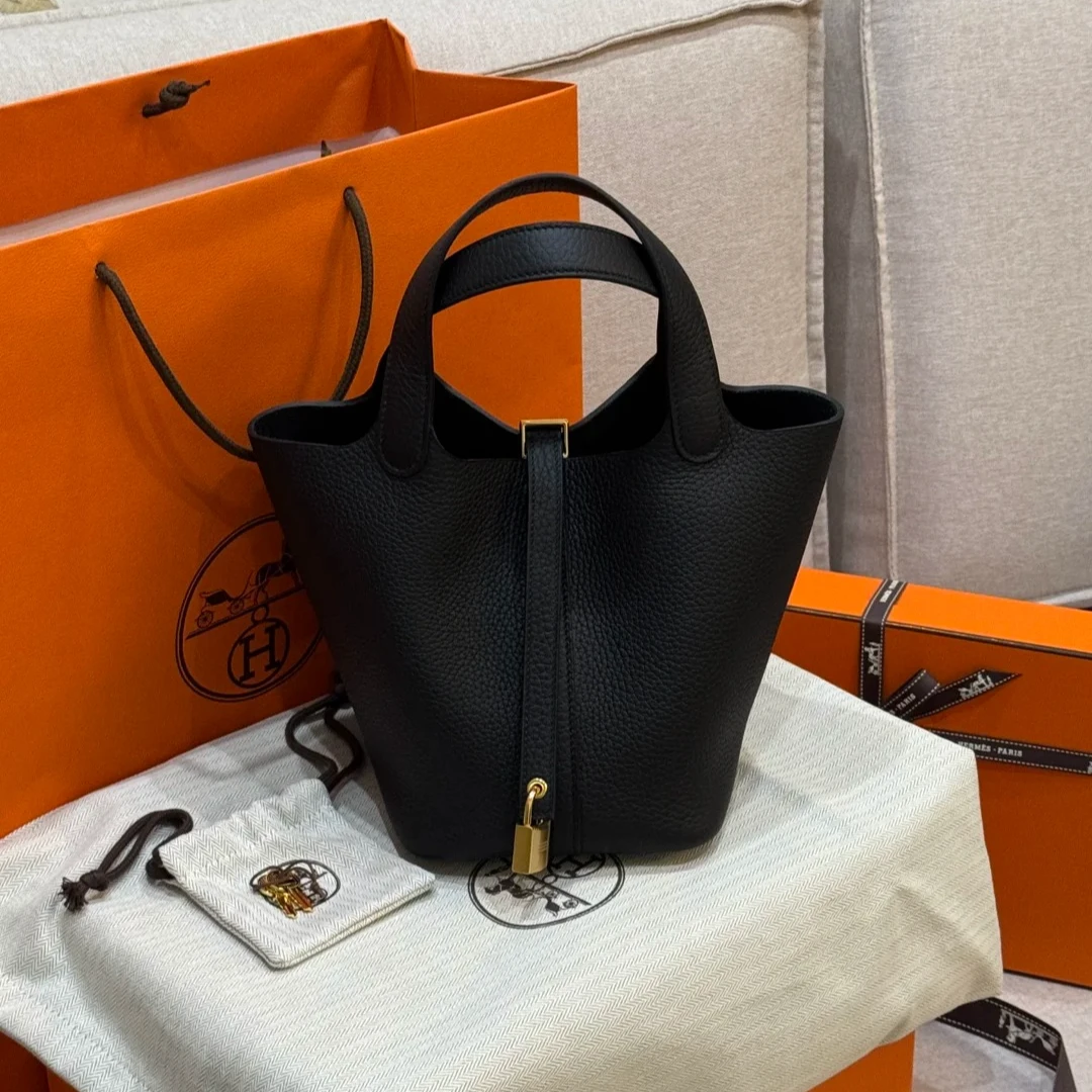 99新 Hermes/爱马仕 小花Jerry活动菜篮子 18黑色 TC皮 Y刻 金