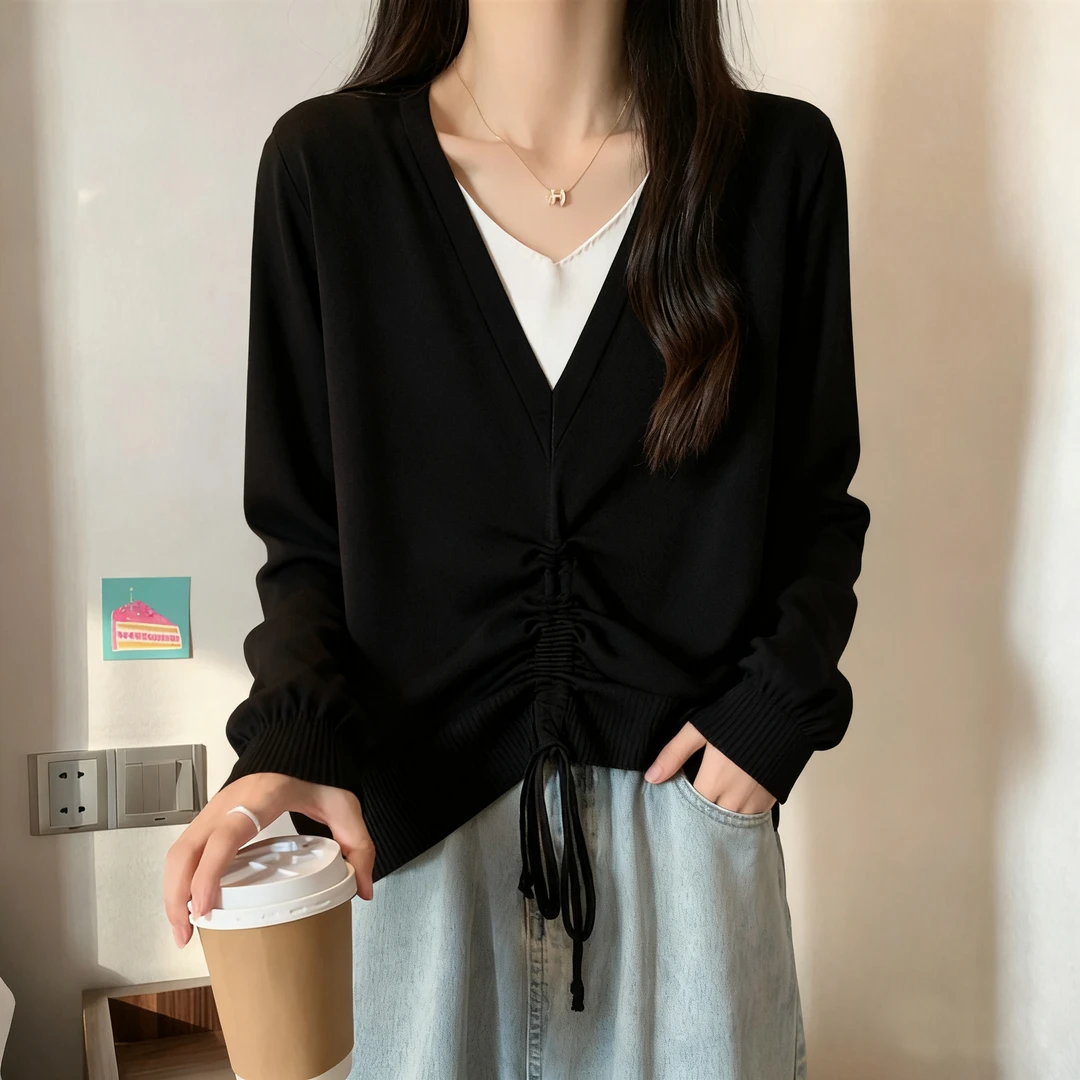 大码女装2025秋冬新款针织衫胖妹妹显瘦长袖假两件抽绳设计上衣潮