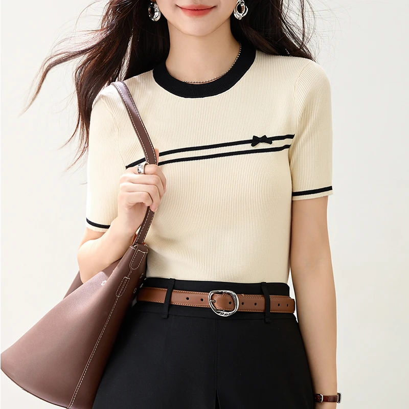 2025夏季新款冰丝毛针织衫女短袖气质高级感百搭修身显瘦洋气上衣