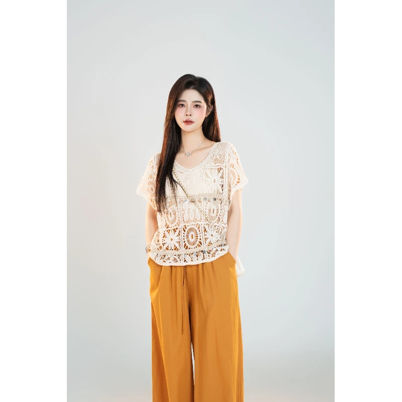 宿慕SUMU 镂空钩花罩衫 5-10夏季2025新款时尚洋气宽松上衣1189