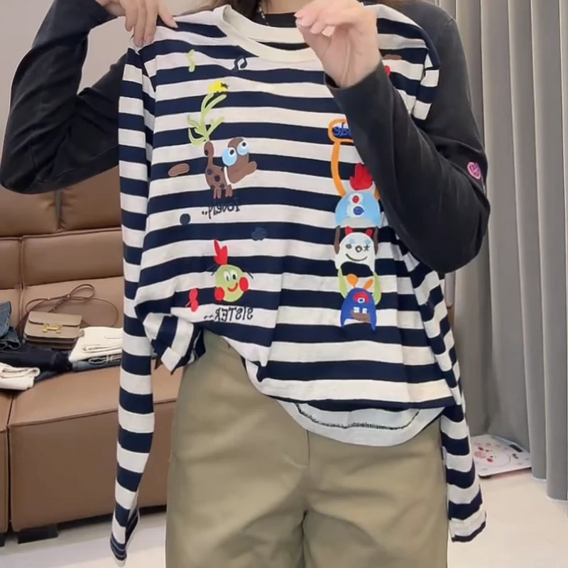 秋冬2025新款小众设计条纹卡通刺绣长袖修身T恤LK2507041