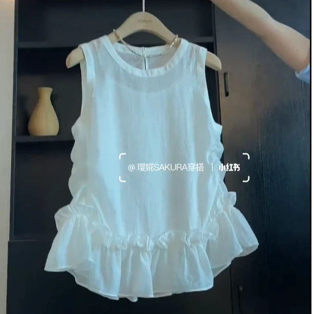 2025夏季新款清纯风小众气质褶皱花边带吊带假两件无袖背心衬衫女