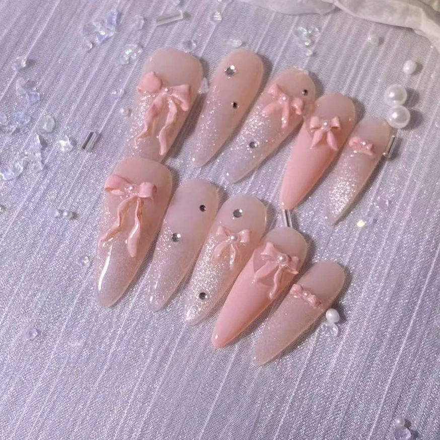 新款可爱粉色蝴蝶结穿戴甲迷你立体纯欲甜美风夏季夏日必备款