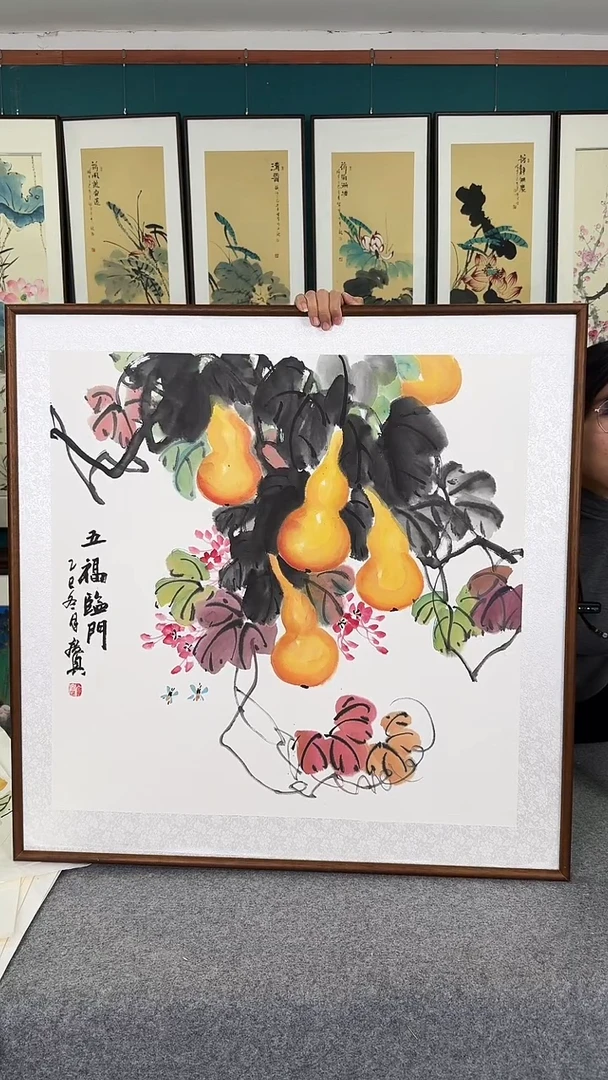 国画五福临门 实木装裱83*83